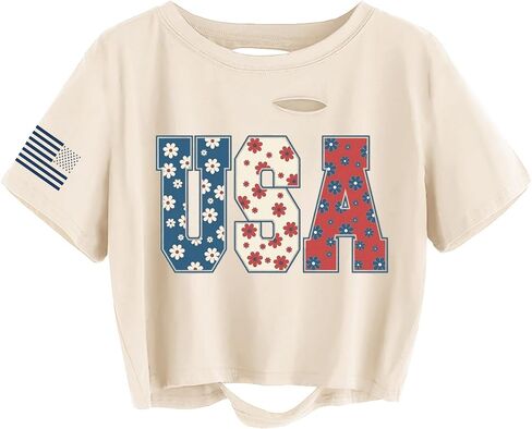 4th of July Independence Day Crop Top for Women Funny USA Flag Graphic Tee Summer Patriotic Distressed Ripped Shirt in Saudi Arabia