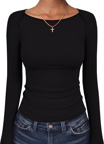 ANRABESS Womens Long Sleeve Shirts, Boat Neck Ribbed Slim Fit Basic Tops, Comfy Stretchy Fall Winter Layer, Daily Work Travel in Kuwait