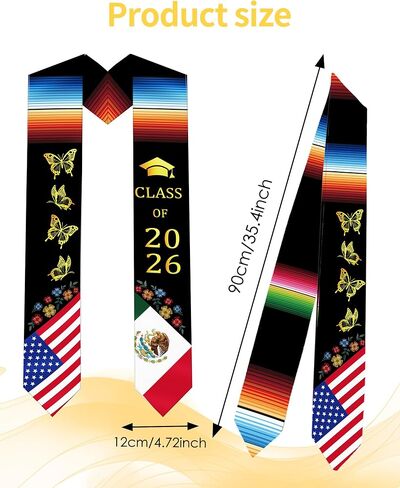 Romart Mexican Graduation Stole, Serape Style Mexican American Flag Graduation Sash, Class of 2026 Mexico USA Graduation Stole Gifts for for Men Women in Saudi Arabia