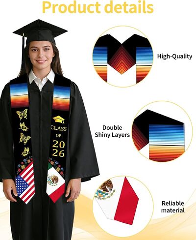 Romart Mexican Graduation Stole, Serape Style Mexican American Flag Graduation Sash, Class of 2026 Mexico USA Graduation Stole Gifts for for Men Women in Saudi Arabia