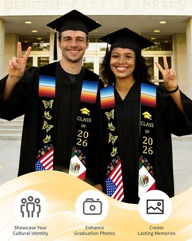 Romart Mexican Graduation Stole, Serape Style Mexican American Flag Graduation Sash, Class of 2026 Mexico USA Graduation Stole Gifts for for Men Women in Saudi Arabia