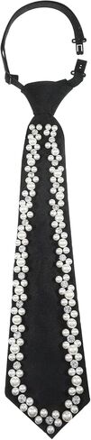 Faux Pearl Womens Tie, Silk Black Neck Tie, Adjustable Pre-tied Necktie with Rhinestones for Men Women Party Prom Banquet Date Formal Wear in Saudi Arabia