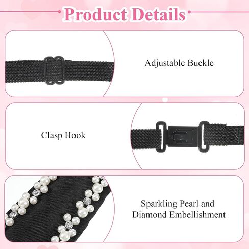 Faux Pearl Womens Tie, Silk Black Neck Tie, Adjustable Pre-tied Necktie with Rhinestones for Men Women Party Prom Banquet Date Formal Wear in Saudi Arabia