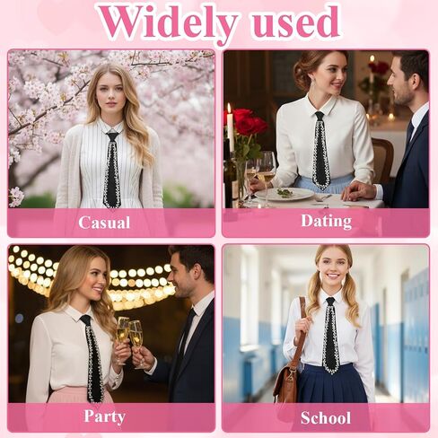Faux Pearl Womens Tie, Silk Black Neck Tie, Adjustable Pre-tied Necktie with Rhinestones for Men Women Party Prom Banquet Date Formal Wear in Saudi Arabia