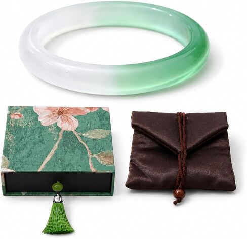 Green and White Natural Jade Bangle Bracelet for Women, Handmade Two-Tone Feng Shui Good Luck Healing Bangle 62-64mm with Elegant Gift Box, Jewelry Gift for Mother Grandmother Christmas Birthday in Saudi Arabia