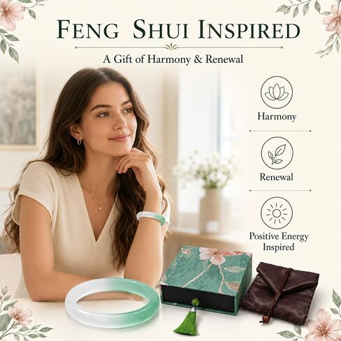 Green and White Natural Jade Bangle Bracelet for Women, Handmade Two-Tone Feng Shui Good Luck Healing Bangle 62-64mm with Elegant Gift Box, Jewelry Gift for Mother Grandmother Christmas Birthday in Saudi Arabia