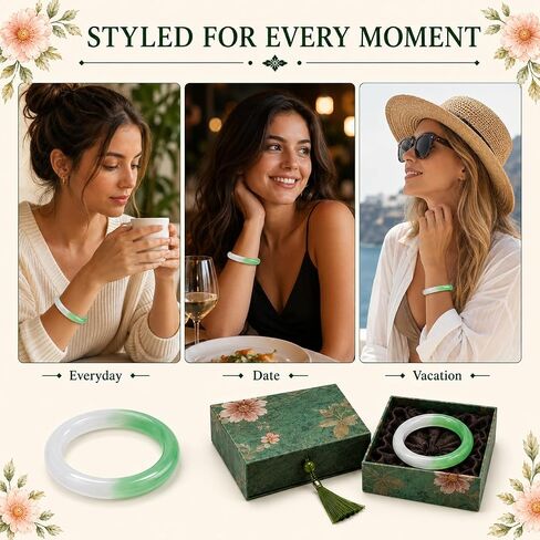 Green and White Natural Jade Bangle Bracelet for Women, Handmade Two-Tone Feng Shui Good Luck Healing Bangle 62-64mm with Elegant Gift Box, Jewelry Gift for Mother Grandmother Christmas Birthday in Saudi Arabia