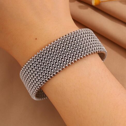 Silver Cuff Bangle Bracelet for Women, Stainless Steel Wide Woven Stackable Open Cuff Jewelry for Birthday Gifts in Kuwait