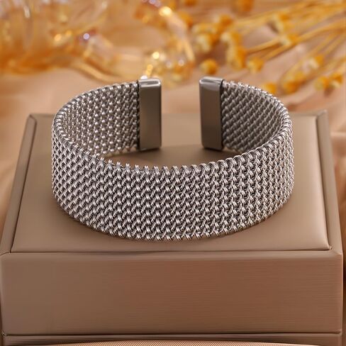 Silver Cuff Bangle Bracelet for Women, Stainless Steel Wide Woven Stackable Open Cuff Jewelry for Birthday Gifts in Kuwait