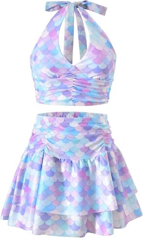 Girls 2 Piece Swimsuit Halter Bikini Top Swim Skirt Set in Kuwait