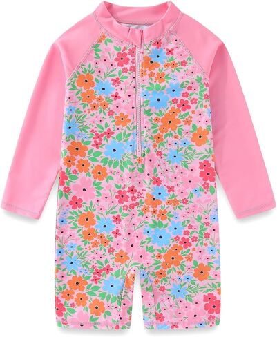 Girls Floral Long Sleeve Rash Guard One Piece Swimsuit UV Protection Bathing Suit for 3-12 Years in Saudi Arabia