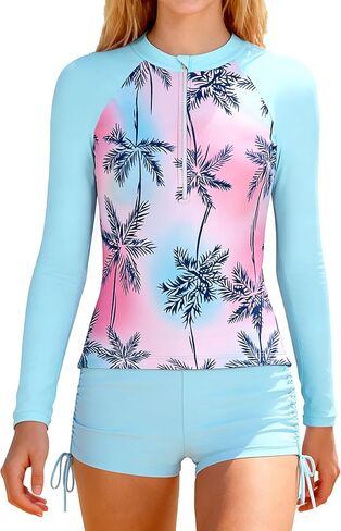 oklady Girls Rash Guard Swimsuit Long Sleeve Swimsuit UPF 50+ Two Piece Bathing Suit Half-Zip Girls' Swimwear 7-16Y in Saudi Arabia