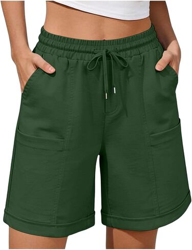 Aymnlox Beach Casual Long Shorts for Women Cotton Linen Drawstring Elastic Waist Short with Pockets Summer Travel Outfits in Saudi Arabia