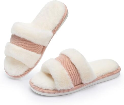 NineCiFun Women's Open-Toe Slippers with Memory Foam, Soft Faux Fur Slip-On House Slides for Indoor Outdoor Comfort, Cozy Fuzzy Bedroom Shoes for Women in Saudi Arabia