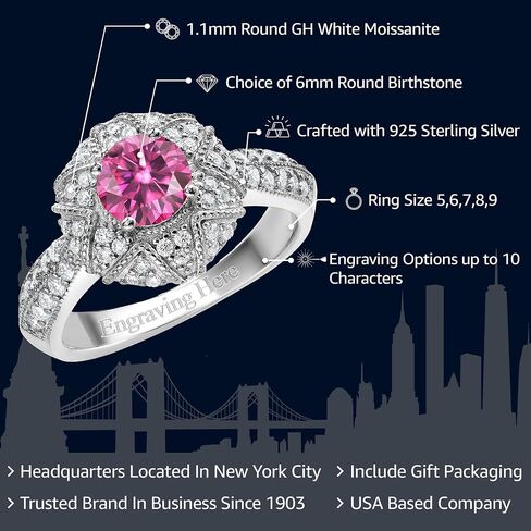 Gem Stone King 925 Sterling Silver Customized and Personalized 6MM Round Gemstone Birthstone and White Moissanite Name Engraved Engagement Ring For Women (1.19 Cttw) in Kuwait