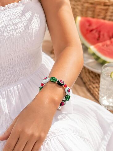 Kate & Macy Watermelon Beaded Stretch Bracelet for Women Summer Fun | Handpainted watermelon beads in bright summer colors create a cheerful bracelet perfect for sunny days and fun adventures in Saudi Arabia