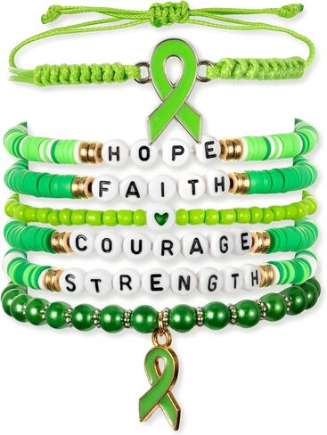 Y1tvei Mental Health Awareness Bracelets - 8Pcs Green Ribbon Faith Hope Clay Bead Bracelet with Reminder Card Gifts, Motivational Stackable Clay Beaded Stretch Friendship Jewelry Accessory for Women in Saudi Arabia