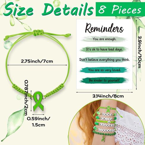 Y1tvei Mental Health Awareness Bracelets - 8Pcs Green Ribbon Faith Hope Clay Bead Bracelet with Reminder Card Gifts, Motivational Stackable Clay Beaded Stretch Friendship Jewelry Accessory for Women in Saudi Arabia