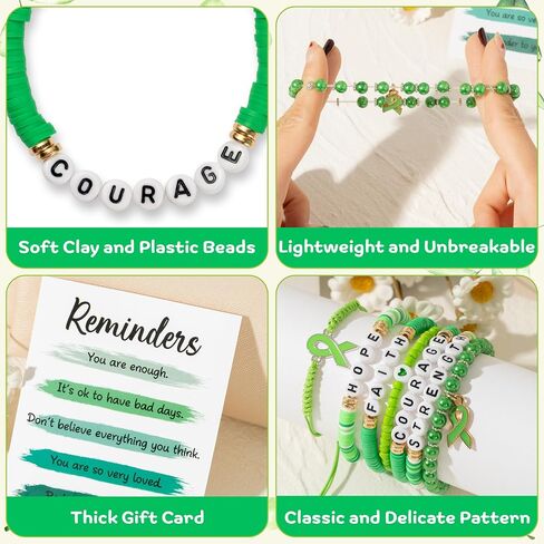 Y1tvei Mental Health Awareness Bracelets - 8Pcs Green Ribbon Faith Hope Clay Bead Bracelet with Reminder Card Gifts, Motivational Stackable Clay Beaded Stretch Friendship Jewelry Accessory for Women in Saudi Arabia