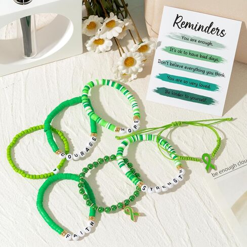 Y1tvei Mental Health Awareness Bracelets - 8Pcs Green Ribbon Faith Hope Clay Bead Bracelet with Reminder Card Gifts, Motivational Stackable Clay Beaded Stretch Friendship Jewelry Accessory for Women in Saudi Arabia