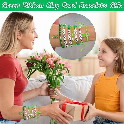 Y1tvei Mental Health Awareness Bracelets - 8Pcs Green Ribbon Faith Hope Clay Bead Bracelet with Reminder Card Gifts, Motivational Stackable Clay Beaded Stretch Friendship Jewelry Accessory for Women in Saudi Arabia