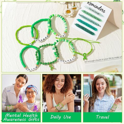 Y1tvei Mental Health Awareness Bracelets - 8Pcs Green Ribbon Faith Hope Clay Bead Bracelet with Reminder Card Gifts, Motivational Stackable Clay Beaded Stretch Friendship Jewelry Accessory for Women in Saudi Arabia