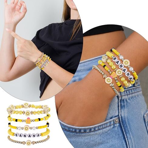 Mikovivi 5pcs أساور الموز، لطيف الطين حبة الموز الصداقة سوار مجموعة تكويم تمتد الفاكهة الصداقة مجوهرات للنساء هدايا الحفلات اكسسوارات الاشياء رحلات الشاطئ الصيف أو ارتداء اليومي in Kuwait