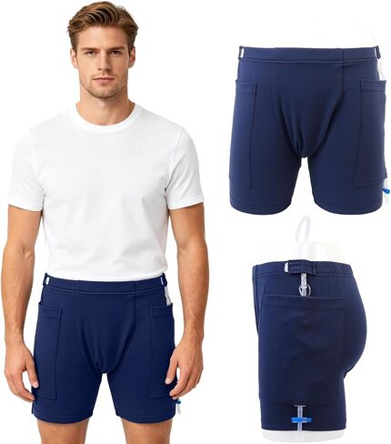 Urine Bag Shorts for Men, Incontinence Care Trousers, Catheter Bag Shorts with Double Pocket, Postoperative Care Ostomy Stoma, Comfortable, Machine Washable, Blue in Saudi Arabia