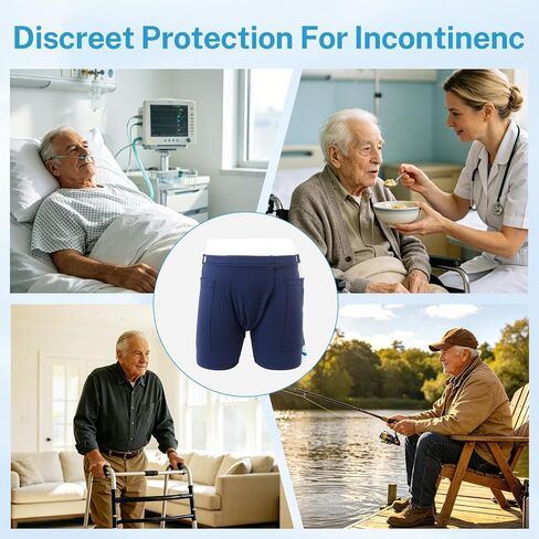 Urine Bag Shorts for Men, Incontinence Care Trousers, Catheter Bag Shorts with Double Pocket, Postoperative Care Ostomy Stoma, Comfortable, Machine Washable, Blue in Saudi Arabia