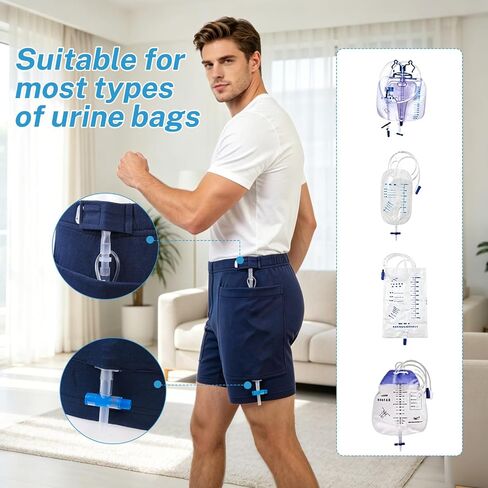 Urine Bag Shorts for Men, Incontinence Care Trousers, Catheter Bag Shorts with Double Pocket, Postoperative Care Ostomy Stoma, Comfortable, Machine Washable, Blue in Saudi Arabia