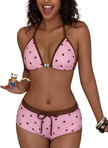 Women's 2 Piece Bikini Set Triangle Halter Top with Boyshorts Polka Dot Print Bathing Suit in Kuwait