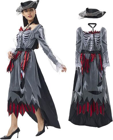 Pirate Costume Women Ghost Pirate Dress Skull Womens Dress Outfit with Hat for Halloween in Saudi Arabia