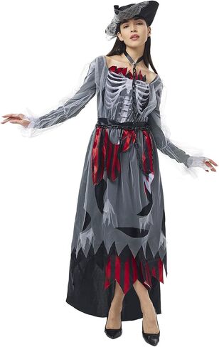 Pirate Costume Women Ghost Pirate Dress Skull Womens Dress Outfit with Hat for Halloween in Saudi Arabia