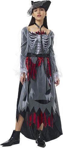 Pirate Costume Women Ghost Pirate Dress Skull Womens Dress Outfit with Hat for Halloween in Saudi Arabia
