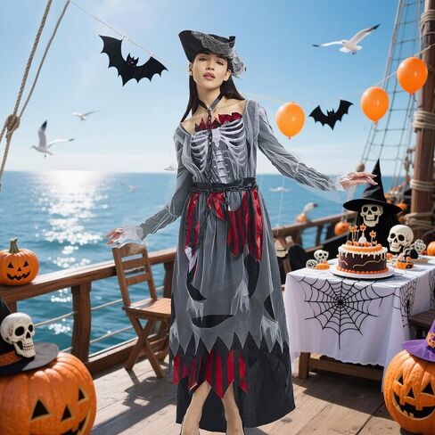 Pirate Costume Women Ghost Pirate Dress Skull Womens Dress Outfit with Hat for Halloween in Saudi Arabia