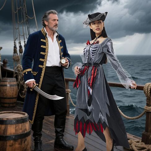 Pirate Costume Women Ghost Pirate Dress Skull Womens Dress Outfit with Hat for Halloween in Saudi Arabia