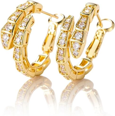 Golden Plated Snake Hoop Earrings for Women, Crystal Rhinestone Huggie Earrings, Elegant Double Row Sparkle Hoops, Trendy Small Hoop Earrings for Everyday Wear Jewelry Accessory in Saudi Arabia