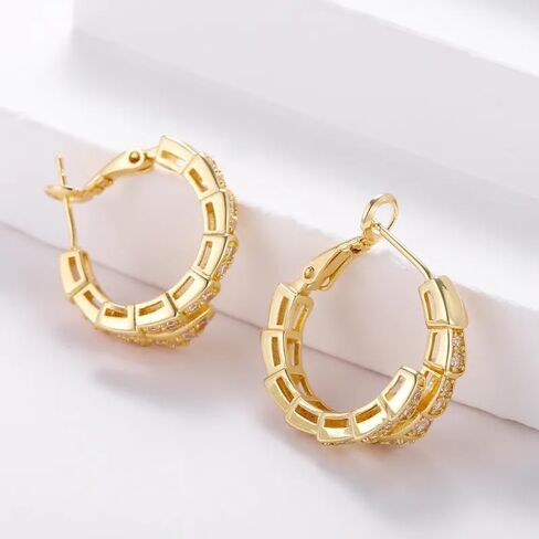Golden Plated Snake Hoop Earrings for Women, Crystal Rhinestone Huggie Earrings, Elegant Double Row Sparkle Hoops, Trendy Small Hoop Earrings for Everyday Wear Jewelry Accessory in Saudi Arabia