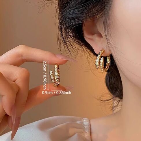 Golden Plated Snake Hoop Earrings for Women, Crystal Rhinestone Huggie Earrings, Elegant Double Row Sparkle Hoops, Trendy Small Hoop Earrings for Everyday Wear Jewelry Accessory in Saudi Arabia