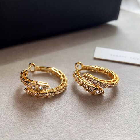 Golden Plated Snake Hoop Earrings for Women, Crystal Rhinestone Huggie Earrings, Elegant Double Row Sparkle Hoops, Trendy Small Hoop Earrings for Everyday Wear Jewelry Accessory in Saudi Arabia