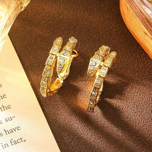 Golden Plated Snake Hoop Earrings for Women, Crystal Rhinestone Huggie Earrings, Elegant Double Row Sparkle Hoops, Trendy Small Hoop Earrings for Everyday Wear Jewelry Accessory in Saudi Arabia