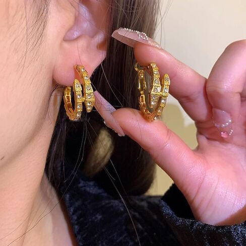 Golden Plated Snake Hoop Earrings for Women, Crystal Rhinestone Huggie Earrings, Elegant Double Row Sparkle Hoops, Trendy Small Hoop Earrings for Everyday Wear Jewelry Accessory in Saudi Arabia