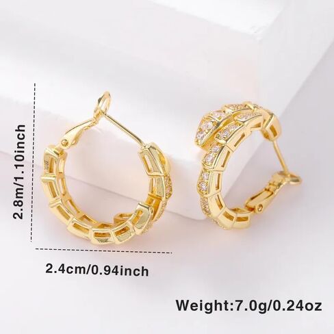 Golden Plated Snake Hoop Earrings for Women, Crystal Rhinestone Huggie Earrings, Elegant Double Row Sparkle Hoops, Trendy Small Hoop Earrings for Everyday Wear Jewelry Accessory in Saudi Arabia