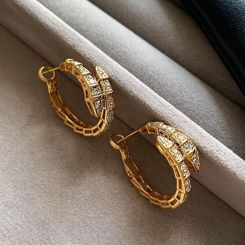 Golden Plated Snake Hoop Earrings for Women, Crystal Rhinestone Huggie Earrings, Elegant Double Row Sparkle Hoops, Trendy Small Hoop Earrings for Everyday Wear Jewelry Accessory in Saudi Arabia