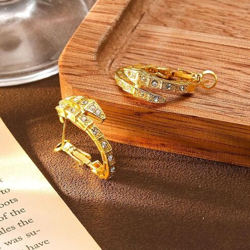 Golden Plated Snake Hoop Earrings for Women, Crystal Rhinestone Huggie Earrings, Elegant Double Row Sparkle Hoops, Trendy Small Hoop Earrings for Everyday Wear Jewelry Accessory in Saudi Arabia