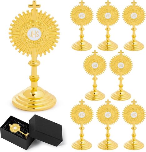 CJiangpo Gold Cross with Base - 8 Set Mini Standing Crucifix with Gift Box, Blessed Sacrament Catholic Monstrance First Communion Christian Gifts for Baptism Favors Religious Adoration Home Decor in Kuwait