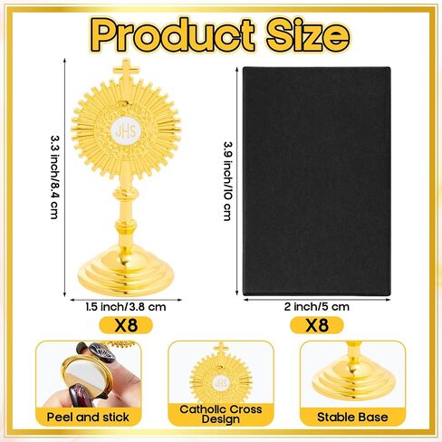 CJiangpo Gold Cross with Base - 8 Set Mini Standing Crucifix with Gift Box, Blessed Sacrament Catholic Monstrance First Communion Christian Gifts for Baptism Favors Religious Adoration Home Decor in Kuwait