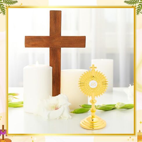 CJiangpo Gold Cross with Base - 8 Set Mini Standing Crucifix with Gift Box, Blessed Sacrament Catholic Monstrance First Communion Christian Gifts for Baptism Favors Religious Adoration Home Decor in Kuwait