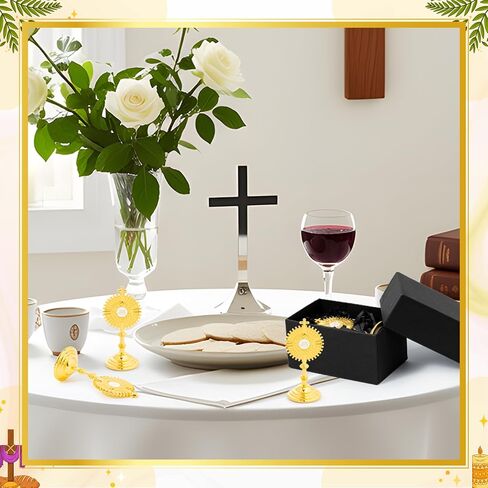 CJiangpo Gold Cross with Base - 8 Set Mini Standing Crucifix with Gift Box, Blessed Sacrament Catholic Monstrance First Communion Christian Gifts for Baptism Favors Religious Adoration Home Decor in Kuwait