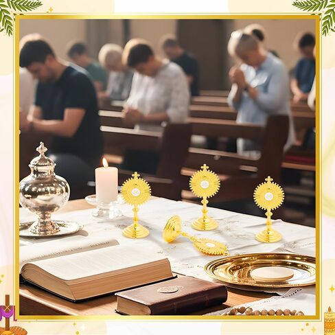 CJiangpo Gold Cross with Base - 8 Set Mini Standing Crucifix with Gift Box, Blessed Sacrament Catholic Monstrance First Communion Christian Gifts for Baptism Favors Religious Adoration Home Decor in Kuwait